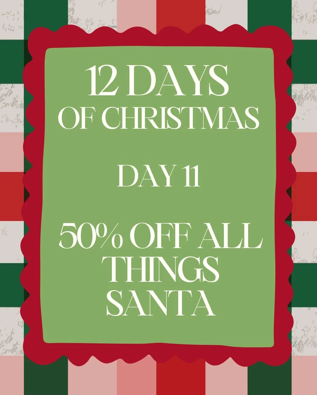 DAY 11 of 12 DAYS OF CHRISTMAS! 🎄

For TODAY ONLY we are having 50% off anything Santa! 🎅🏻

This could be mugs, hot chocolate, decorative Santa&rsquo;s, tree ornaments, pillows &amp; more❗️

If it has a picture of Santa or Santa written on it, it 