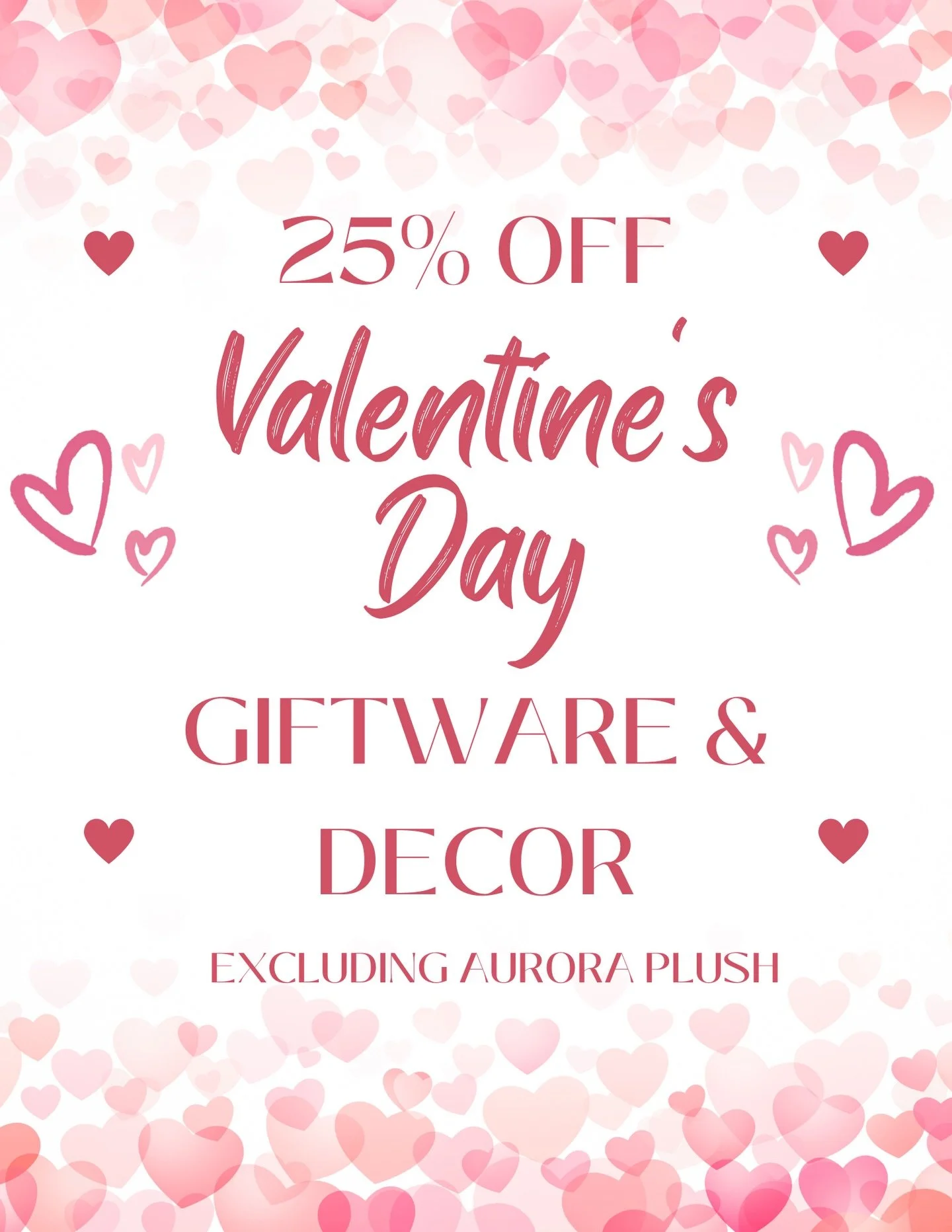 New sale starting TODAY❗

Valentine&rsquo;s Day is just over a week away and we thought that now is the time to give you guys a good deal. 💗

Get 25% OFF almost all Valentine&rsquo;s Day decor &amp; giftware (excluding Aurora plush)‼️

Come in today