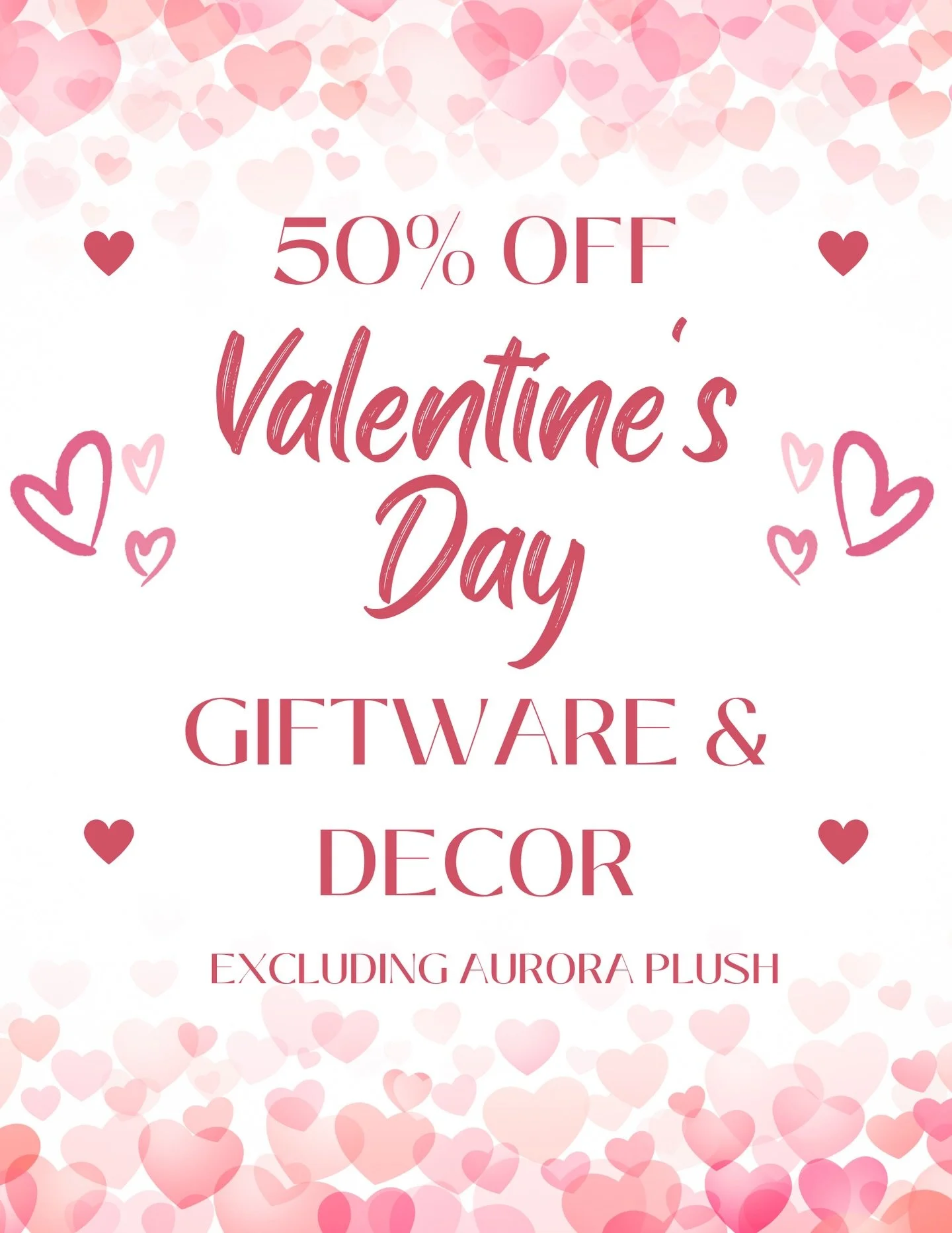 New sale starting today‼️

Valentine&rsquo;s Day giftware and decor will be 50% off excluding Aurora plush (they will be 25% off) 💘💕💗

Come in Tuesday to Friday 10am-6pm and Saturday 9am-5pm❗️

But don't wait too long as Valentine&rsquo;s Day is T