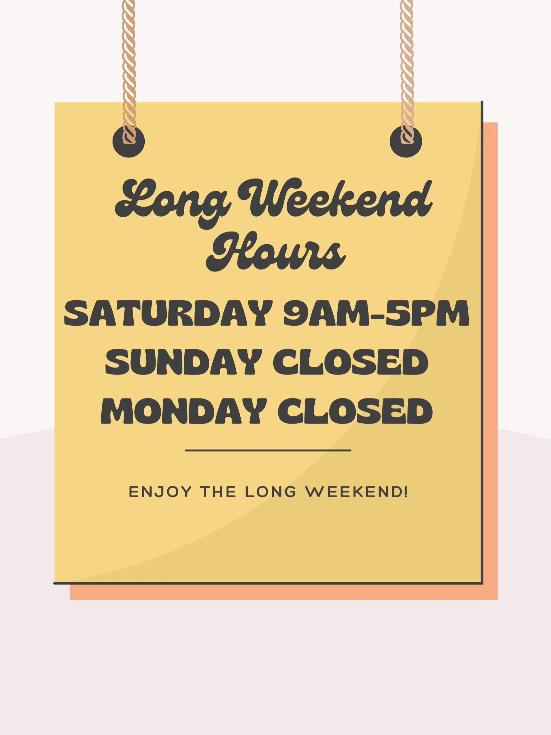 LONG WEEKEND HOURS❗️

We couldn&rsquo;t be more excited for the long weekend. 😁

We will be here tomorrow 9am-5pm &amp; closed Sunday (as per usual), but we will be CLOSED the holiday Monday❗️

Luckily we have great sales this weekend including:

✨2