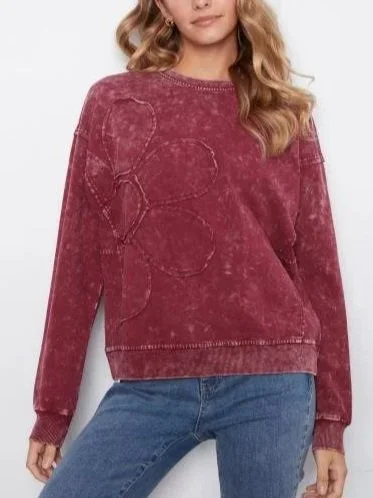 Charlie B Long Sleeve Top with Flower Applique in Merlot