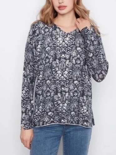 Charlie B Long Sleeve Drop Shoulder Printed V-Neck Sweater in Botanical