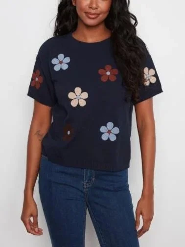 Charlie B Elbow Sleeve Embroidered Flowers Crew Neck Sweater  in Navy