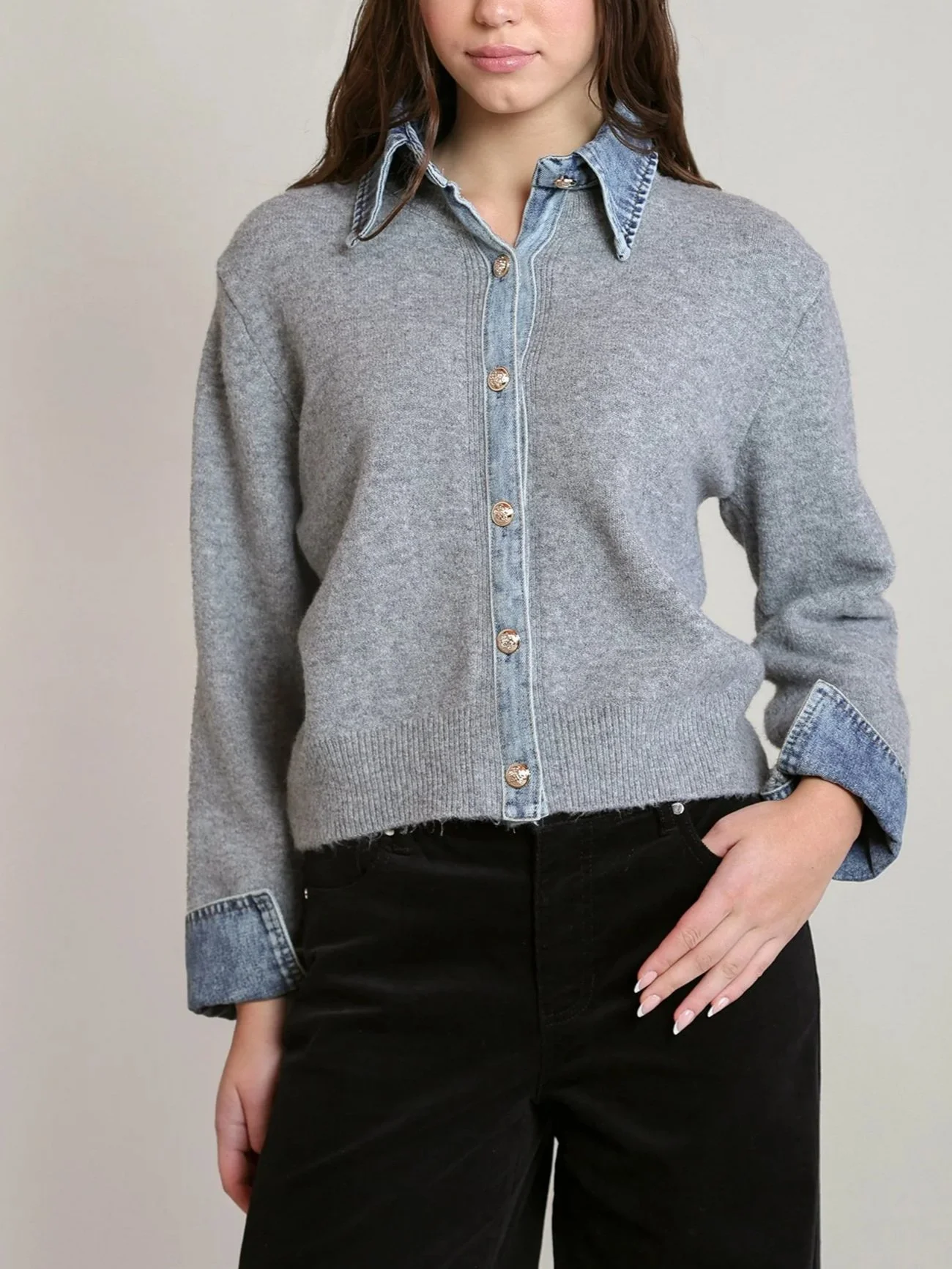 Dex Denim Trim Sweater Button Up Shirt in  Light Grey