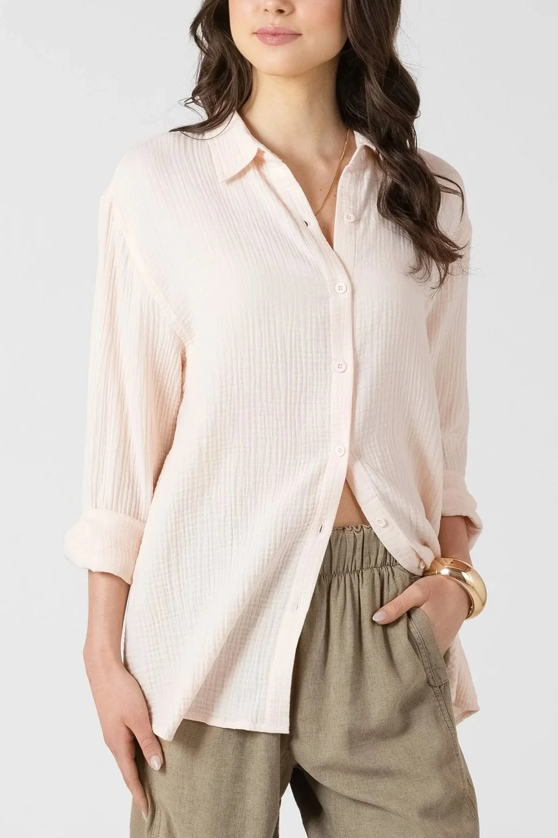 Dex Powder Pink Gauze Button Down Top