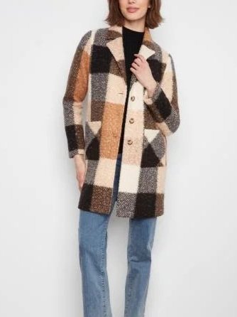 Charlie B Plaid Boucle Knit Tailored Collar Coat in Taupe