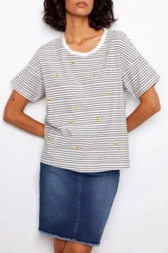 Charlie B Navy Yarn-Dye Crew Neck T-Shirt With Embrodered Flowers