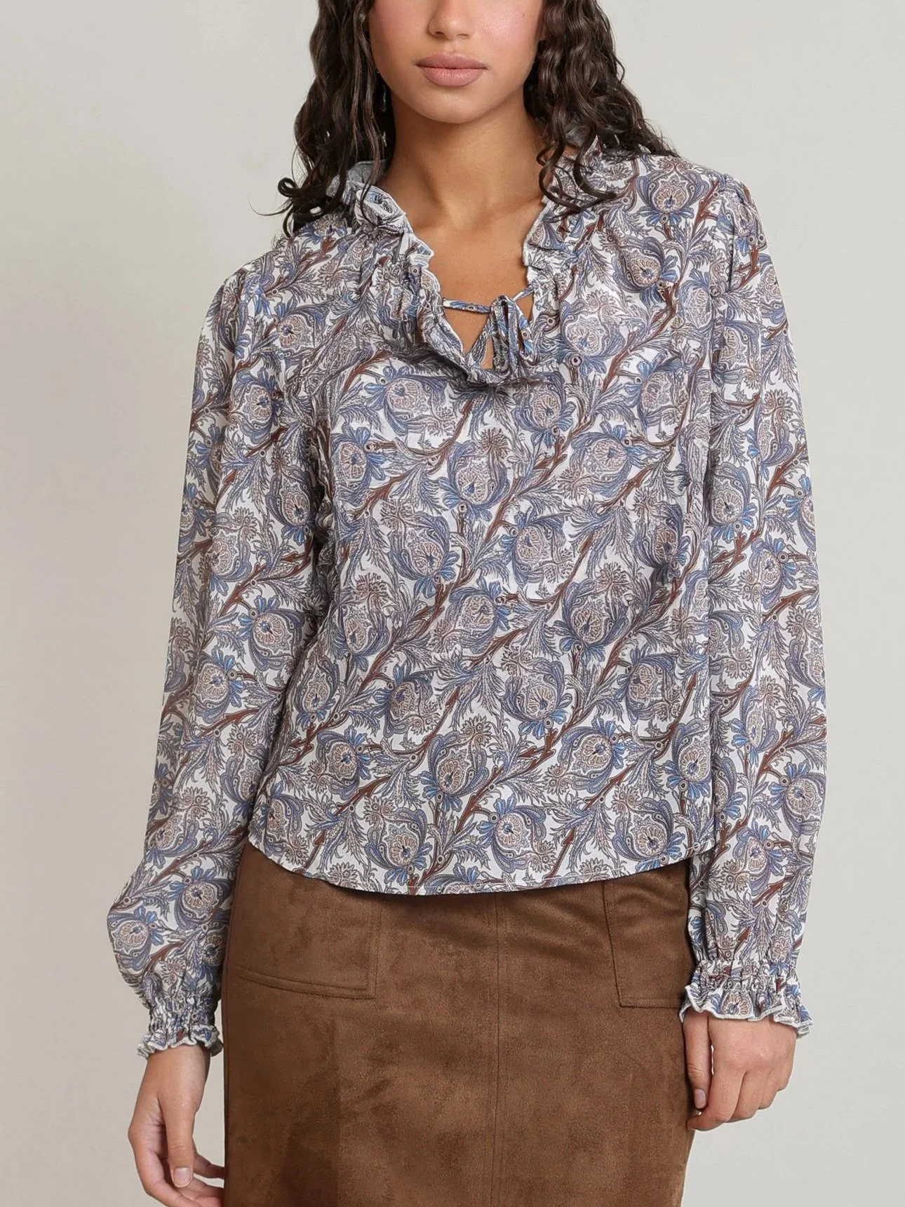 Dex Balloon Sleeve Blouse in Blue & Brown Paisley