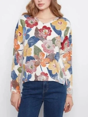 Charlie B Long Sleeve Drop Shoulder V-Neck Reversible Printed Sweater in Jazzy