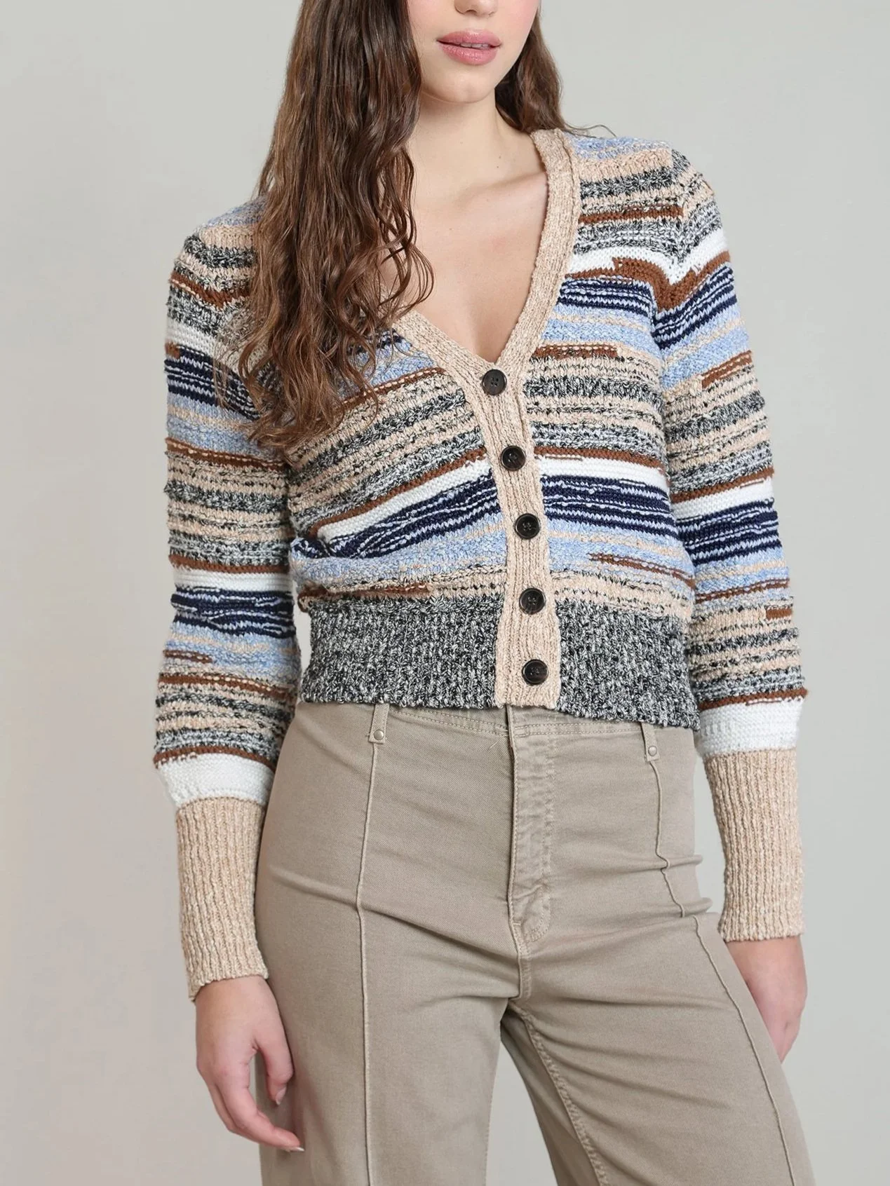 Dex Melange Striped Knit Cardigan in Ecru & Navy