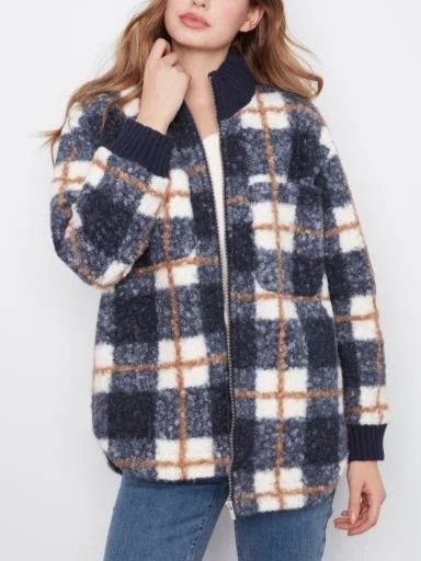 Charlie B Plaid Boucle Jacket with Ribbed Collar & Rounded Hem in Midnight