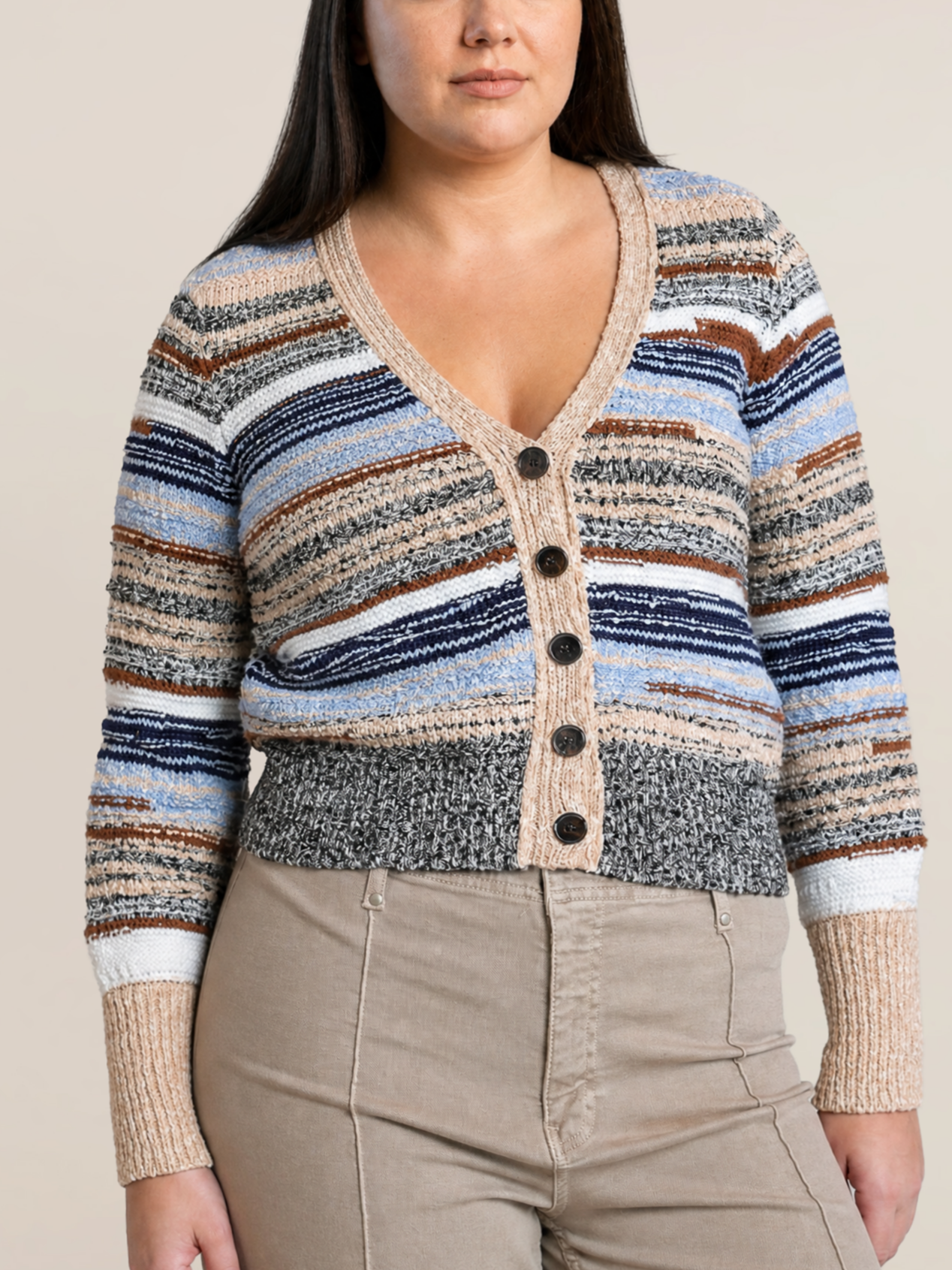 Dex Plus Melange Striped Knit Cardigan in Ecru & Navy