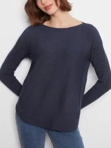 Charlie B Long Sleeve Boat Neck Sweater with Pockets and Back Eyelet Details  in Heather Denim