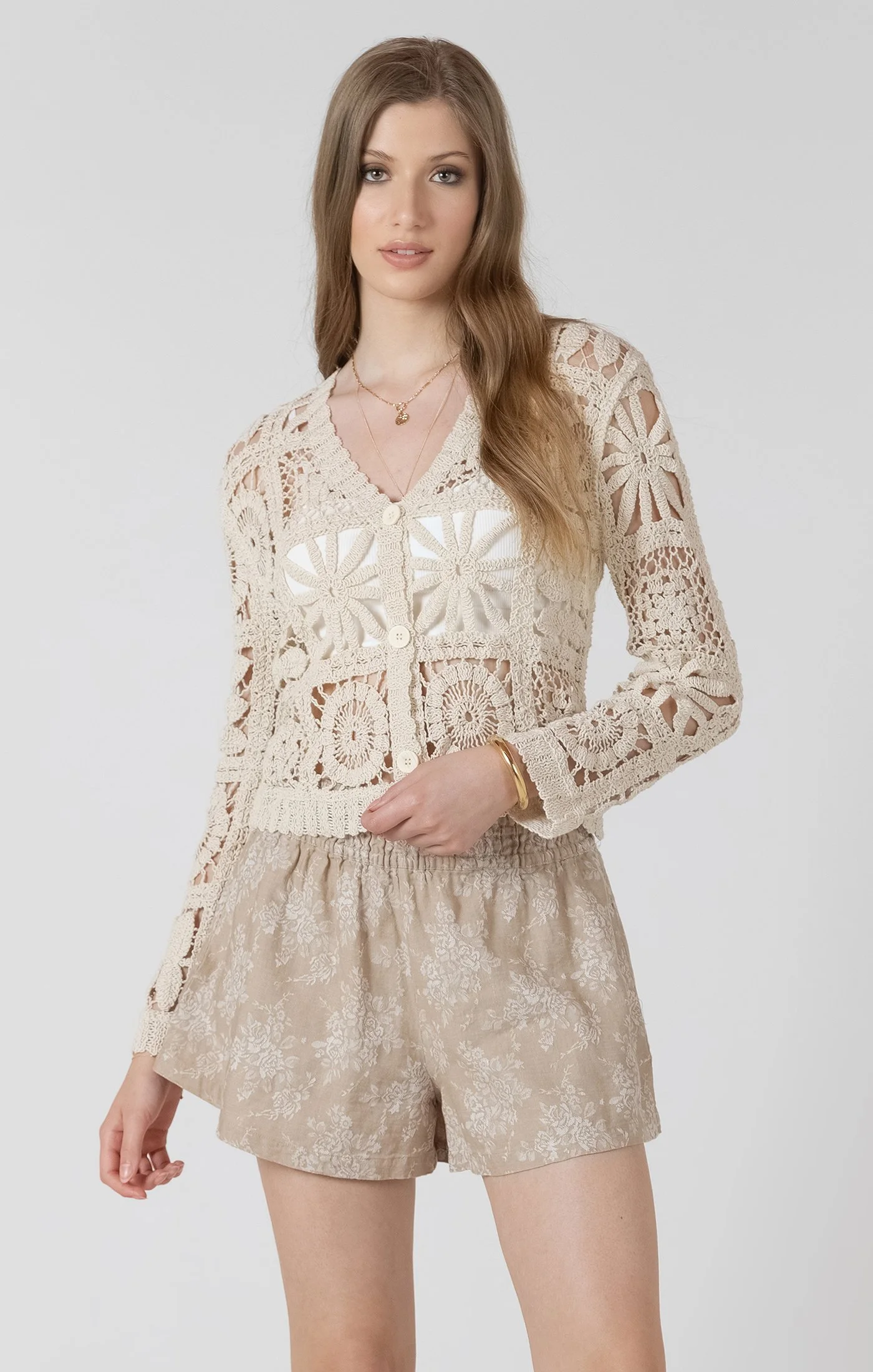 Black Tape Soft Oatmeal Mix Crochet Button Top