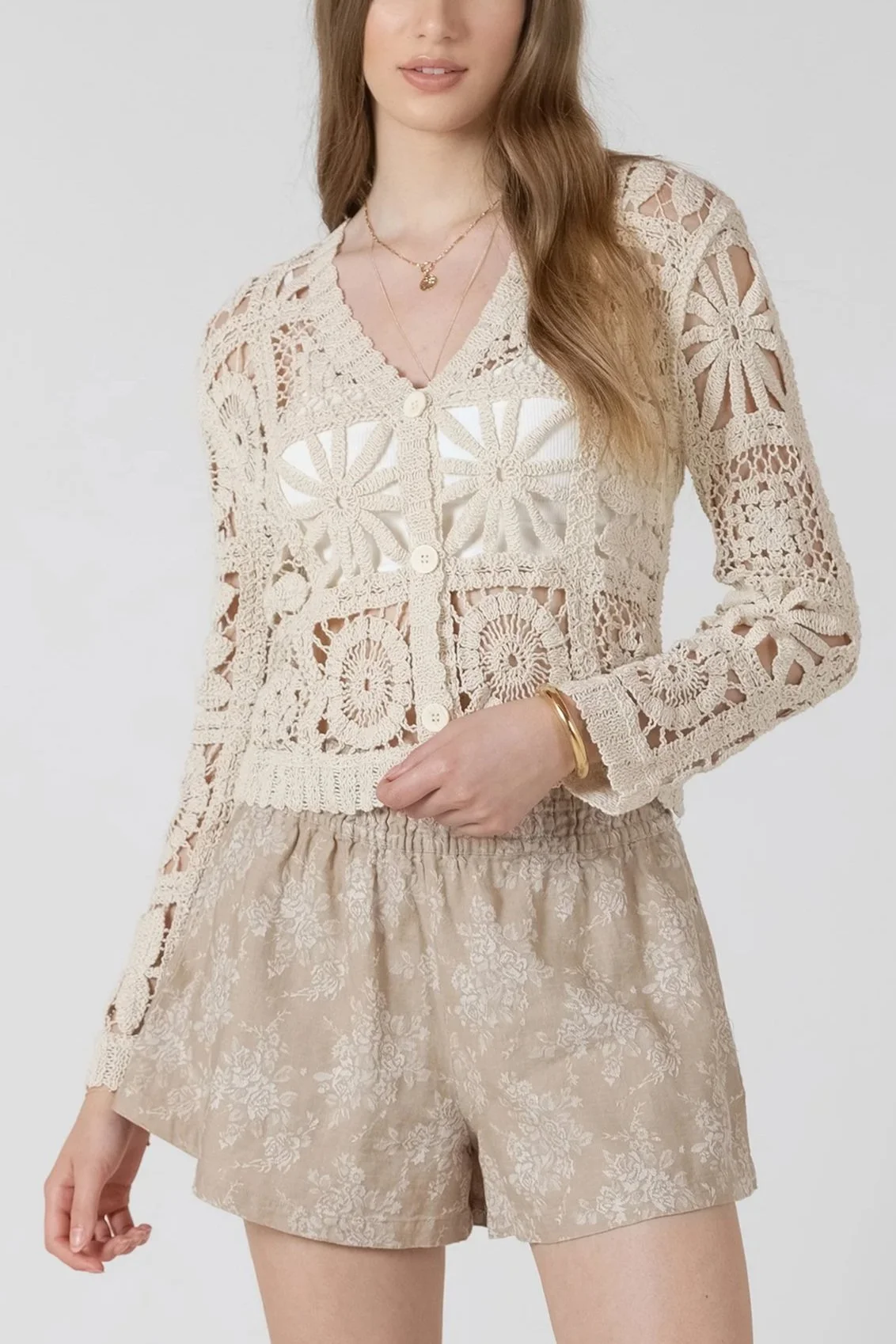 Black Tape Soft Oatmeal Mix Crochet Button Top