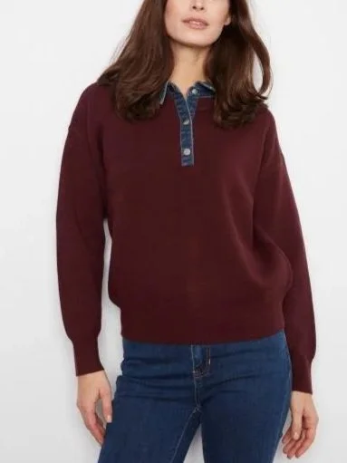 Charlie B Long Sleeve Drop Shoulder Polo Sweater with Denim Collar and Placket in Merlot