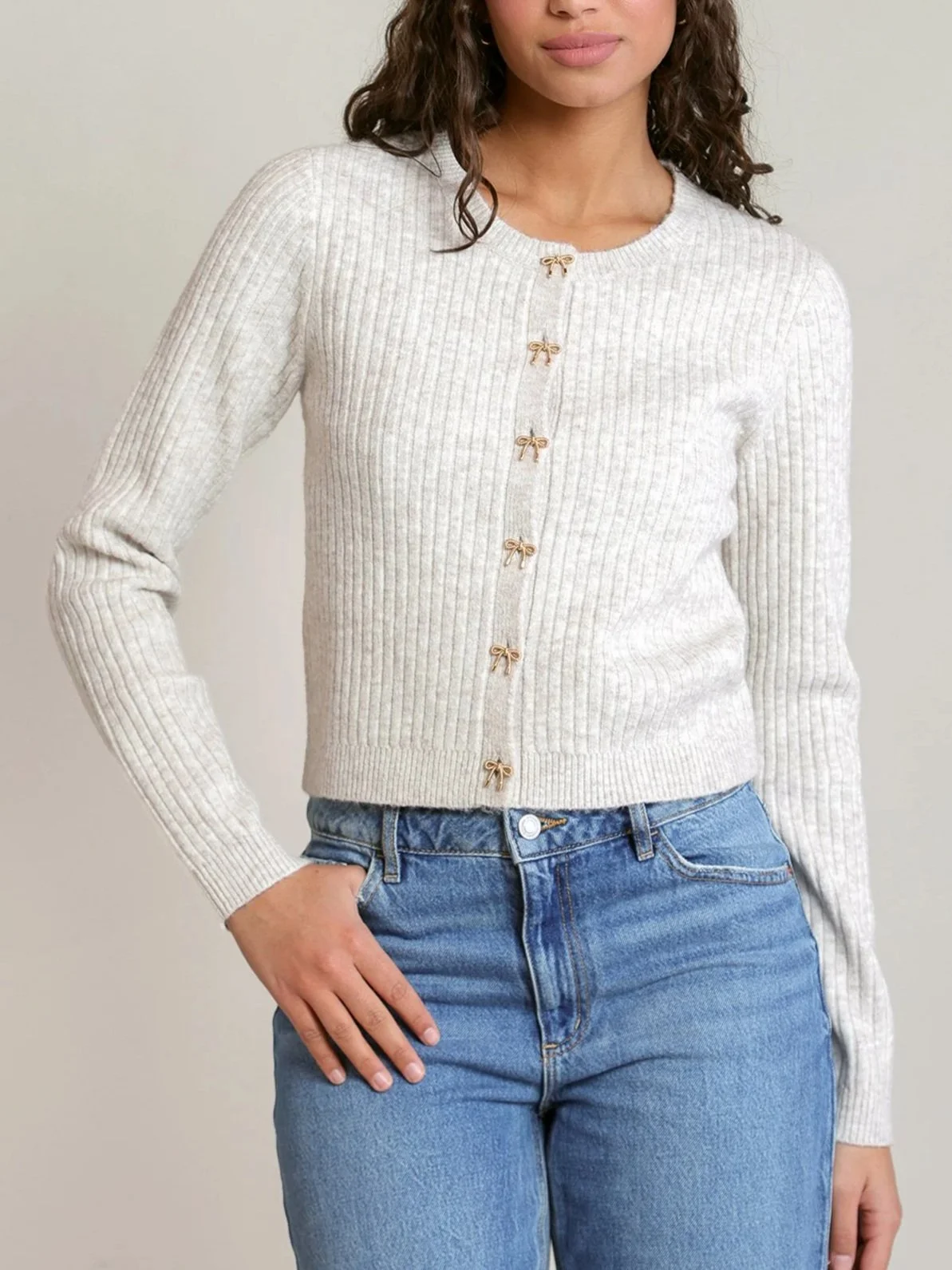 Dex Bow Button Cropped Cardigan in Ivory & Oat Heather