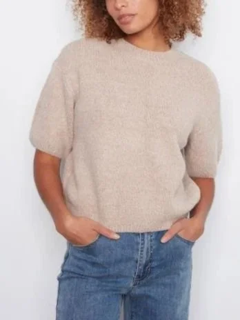 Charlie B Elbow Balloon Sleeve Sweater in Heather Latte