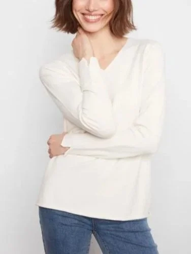 Charlie B Long Sleeve V-Neck Sweater in Ecru