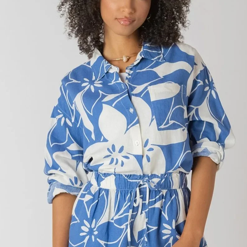 Room 34 Azure Floral Button Down Top