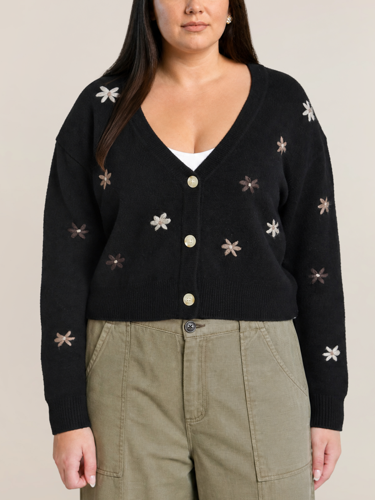 Dex Plus Embroidered Flower Cardigan in Black