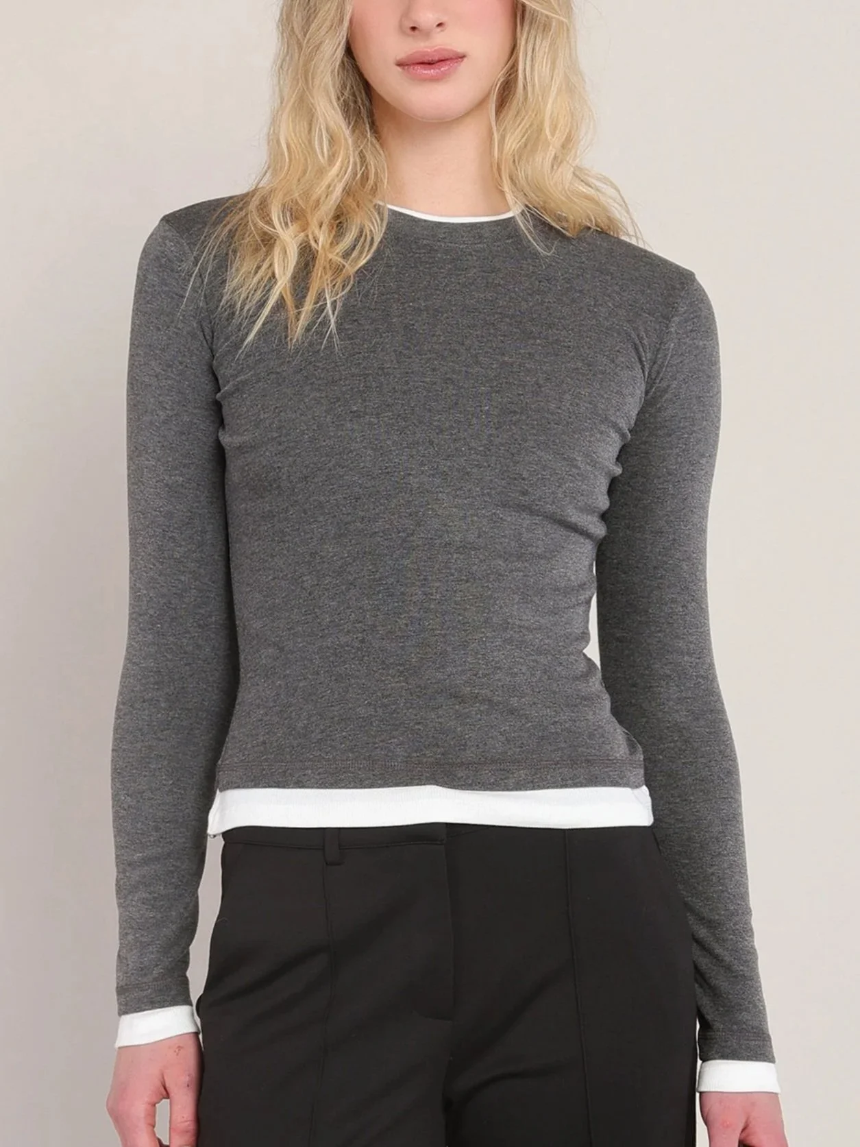 Room 34 Layered Long Sleeve Top in Charcoal Heather Grey