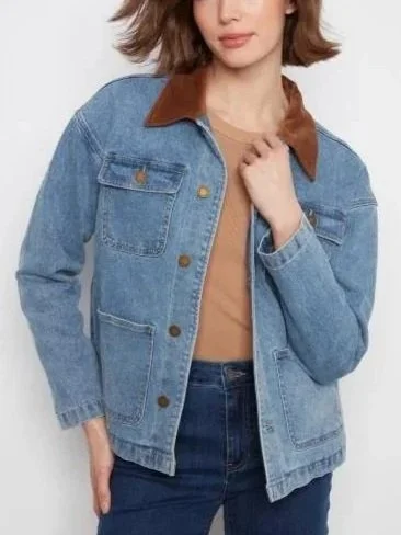 Charlie B Barn Jacket with Corduroy Collar in Denim Blue