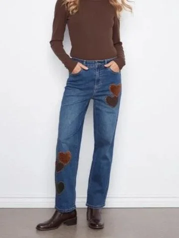 Charlie B Straight Leg Pants with Corduroy & Leopard Heart Patches in Washed Indigo