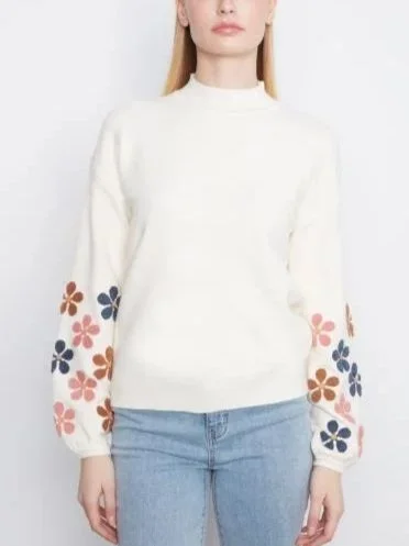 Charlie B Mock Neck Sweater with Embroidered Sleeves in Ecru