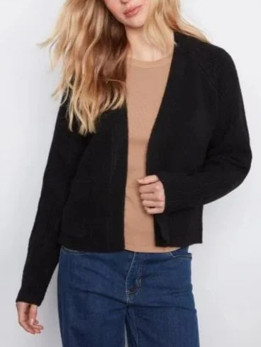 Charlie B Long Sleeve Front Flap Cardigan with Patch Pockets in Black