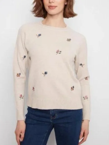 Charlie B Embroidered Raglan Sleeve Crew Neck Sweater in Almond