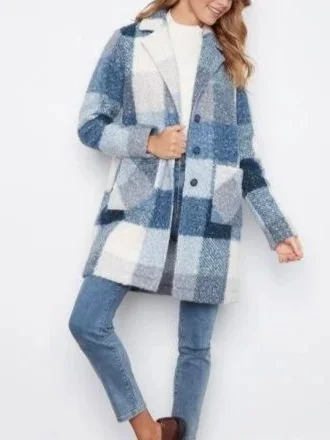 Charlie B Plaid Boucle Knit Tailored Collar Coat in Storm