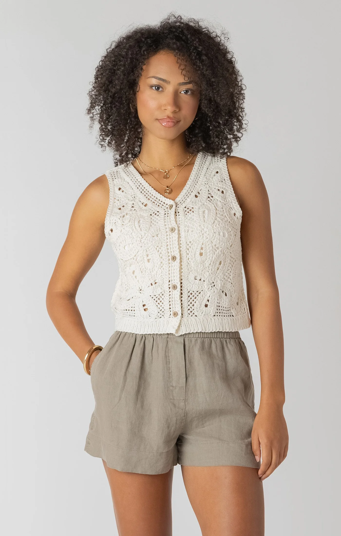Room 34 Cream Crochet Sleeveless Button Down Vest