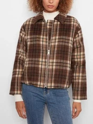 Charlie B Plaid Bomber Jacket in Chocolate