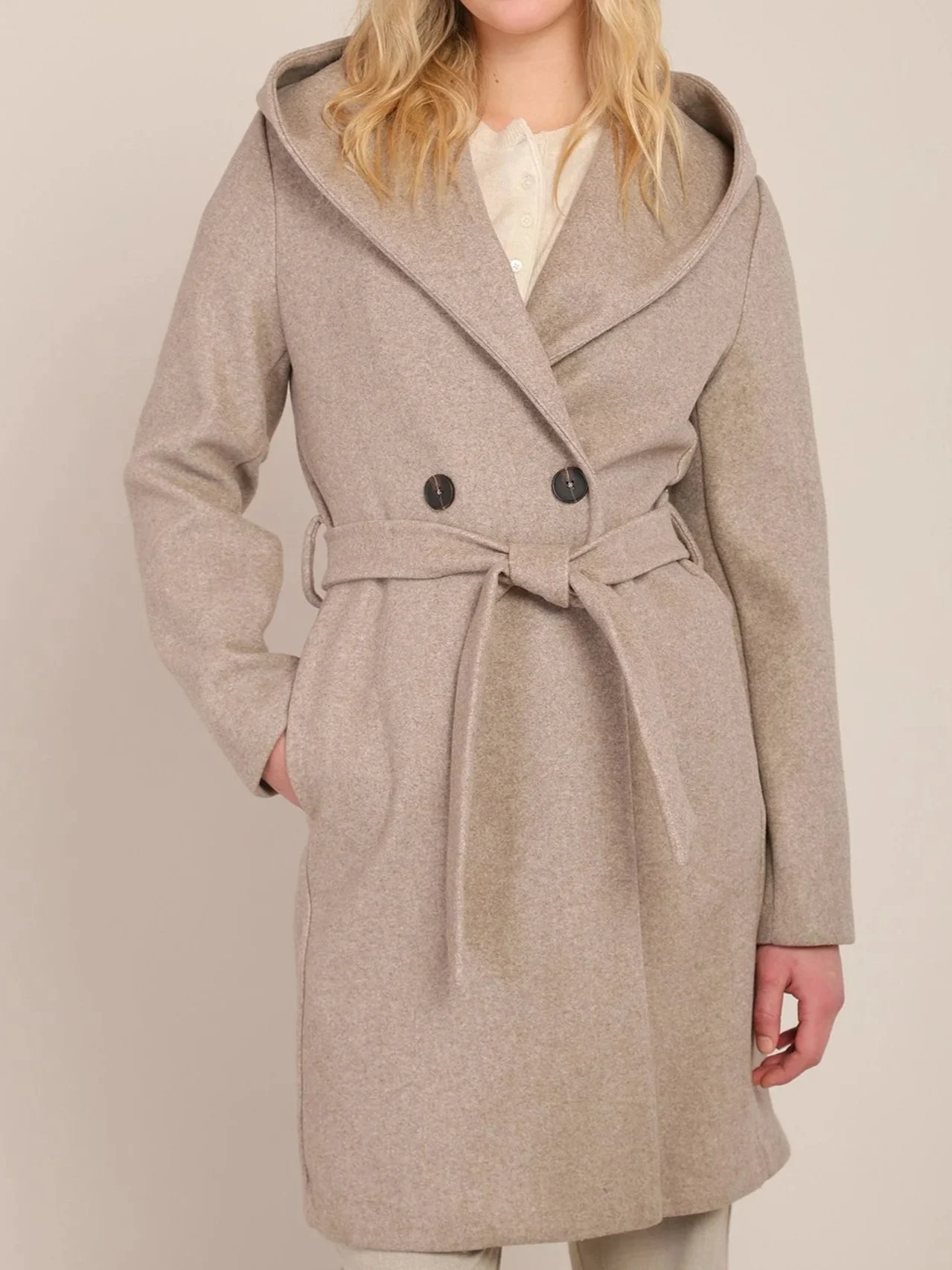 Room 34 Belted Hooded Coat in Stone