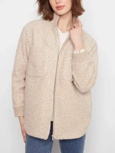 Charlie B Boucle Jacket with Ribbed Collar & Rounded Hem in Almond
