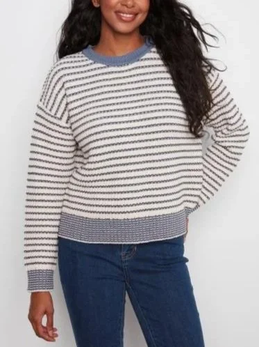 Charlie B Long Sleeve Drop Shoulder Yarn Dye Striped Crew Neck Sweater