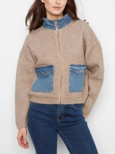 Charlie B Long Sleeve Zipped Sweater Jacket with Denim Pockets & Collar in Heather Sand