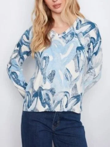 Charlie B Long Sleeve Drop Shoulder V-Neck Reversible Printed Sweater in  Splatter