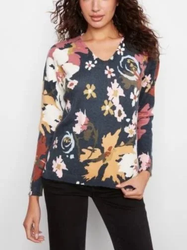 Charlie B Long Sleeve Drop Shoulder Printed V-Neck Sweater in Bloom