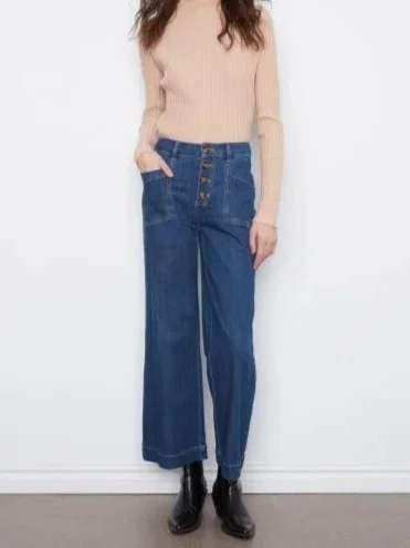 Charlie B Wide Leg Button Front Stretch Denim Pants with Patch Pockets in Indigo