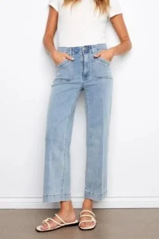 Charlie B Light Blue Cropped Wide Leg Stretch Denim Pants