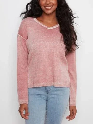 Charlie B Long Sleeve Drop Shoulder V-Neck Sweater in Rosebud