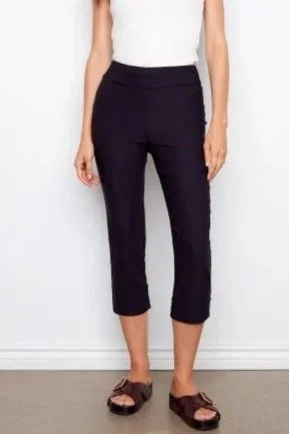 Charlie B Navy Solid Pull On Stretch Cropped Cuffed Pant