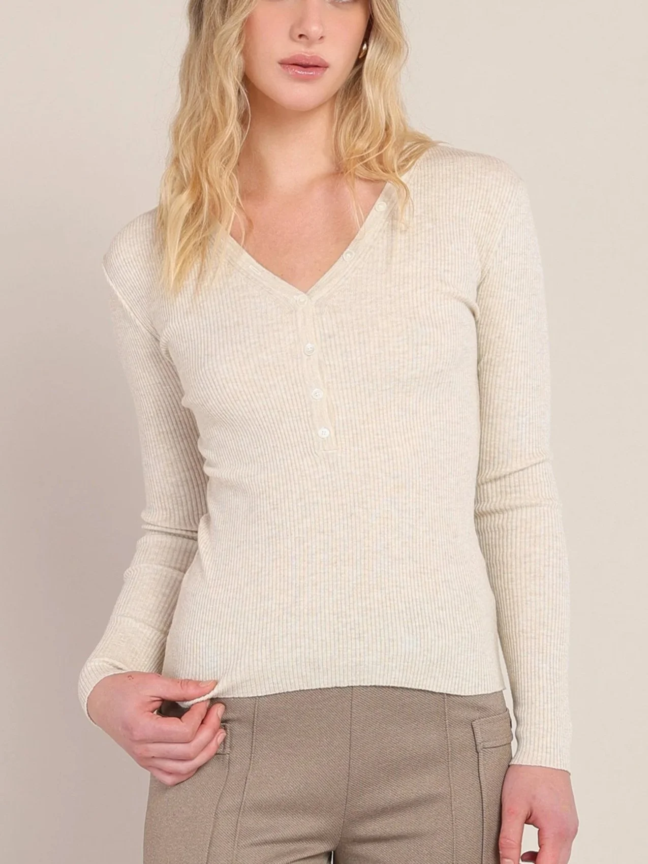Room 34 Ribbed Long Sleeve Top in Cream Heather