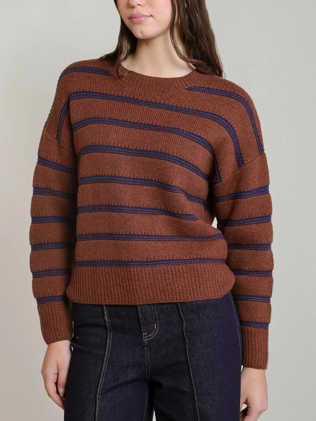 Dex Striped Crewneck Sweaterin Rustic Brown & Blue