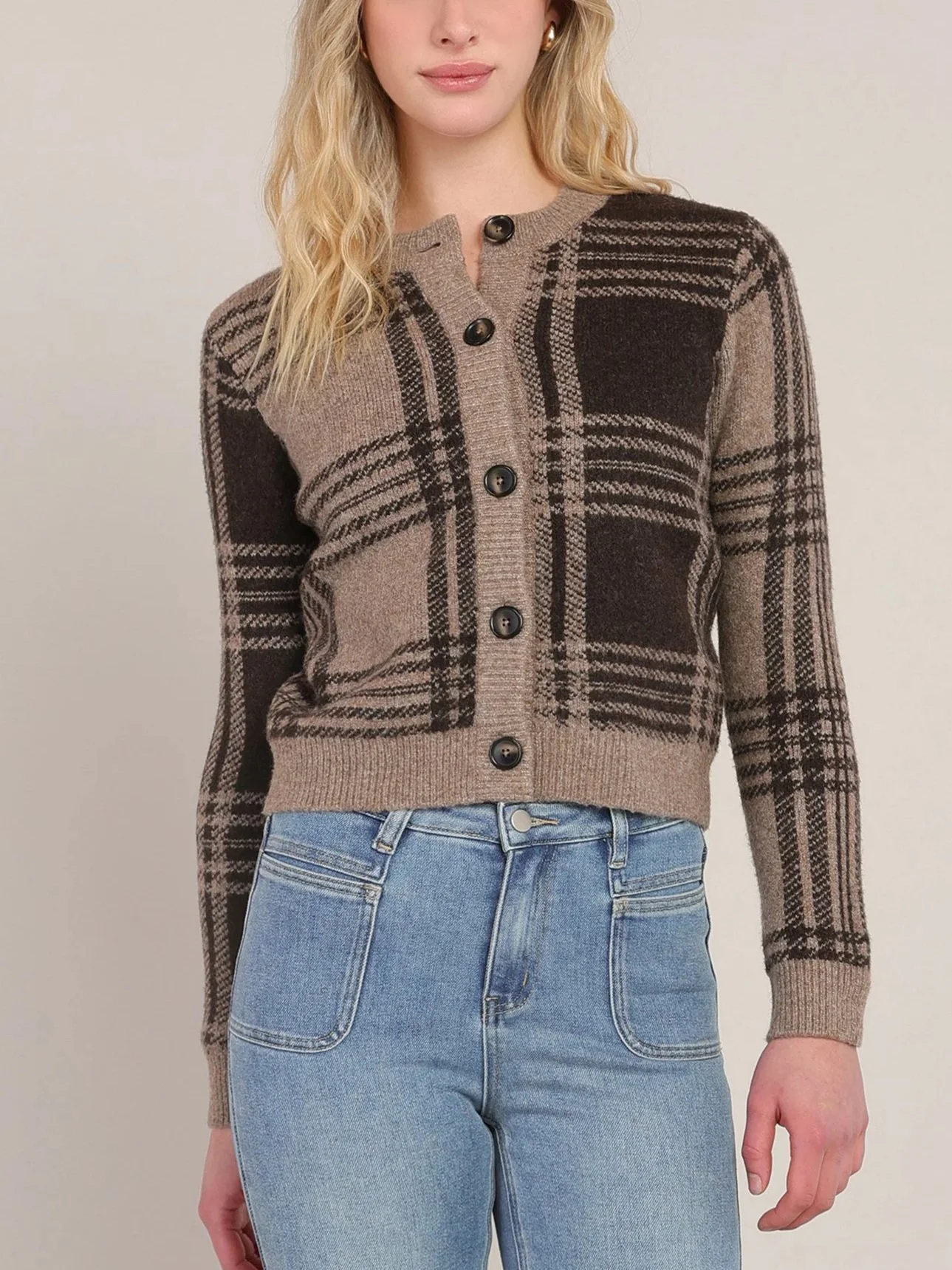 Room 34 Plaid Button Front Cardigan in Taupe & Brown