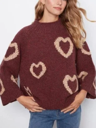 Charlie B High Neck Knit Heart Knit Sweater in Merlot