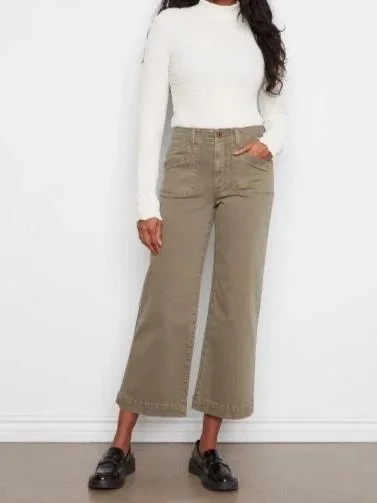 Charlie B Cropped Wide Leg Twill Pants with Patch Pockets in Verveine