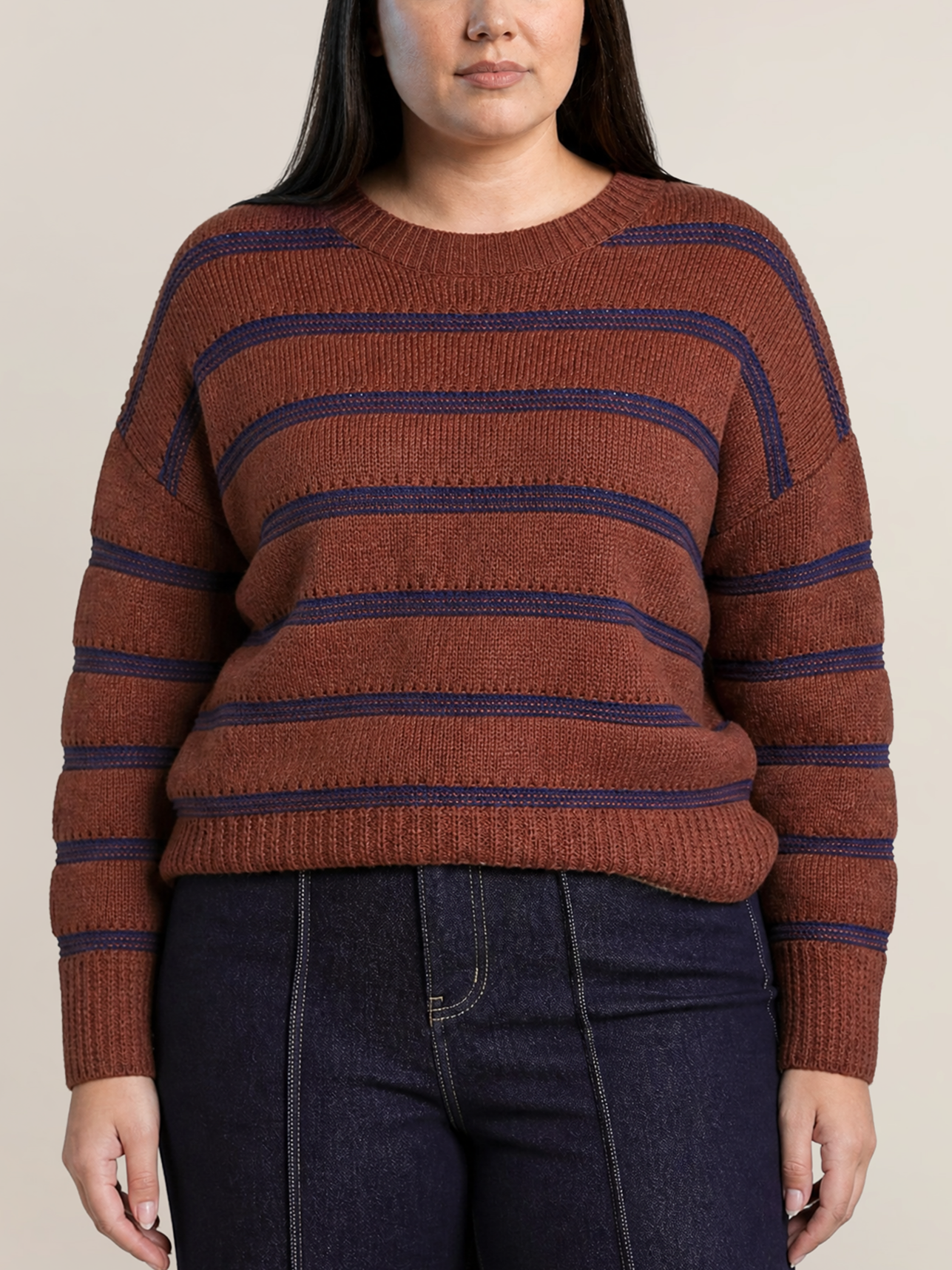 Dex Plus Striped Crewneck Sweaterin Rustic Brown & Blue